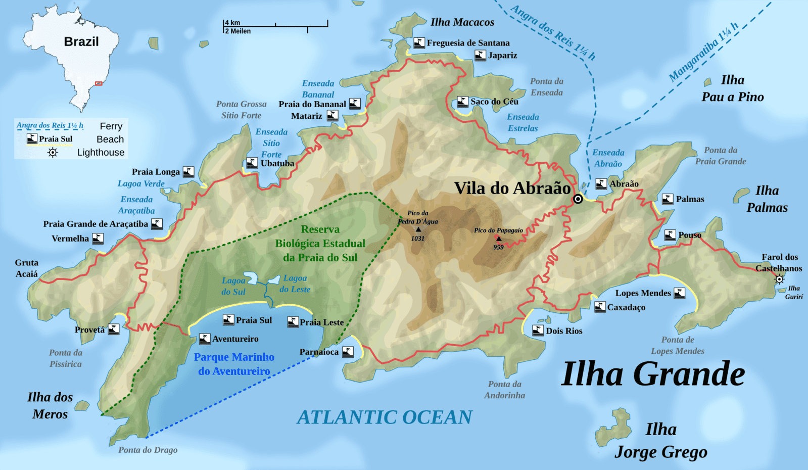 Map of Ilha Grande beaches, Brazil