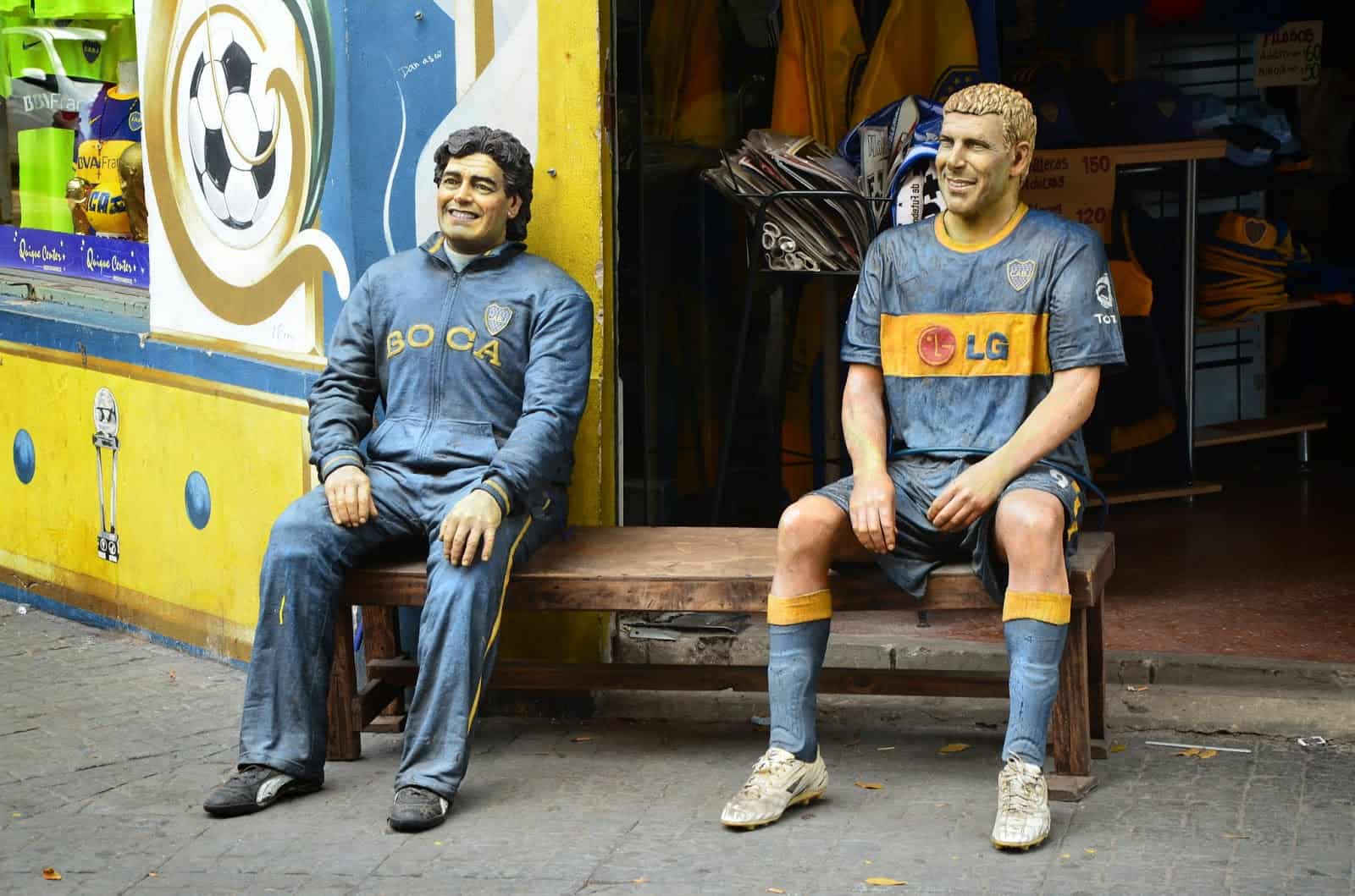 Diego Maradona and Juan Riquelme sculptures in La Boca, Buenos Aires, Argentina