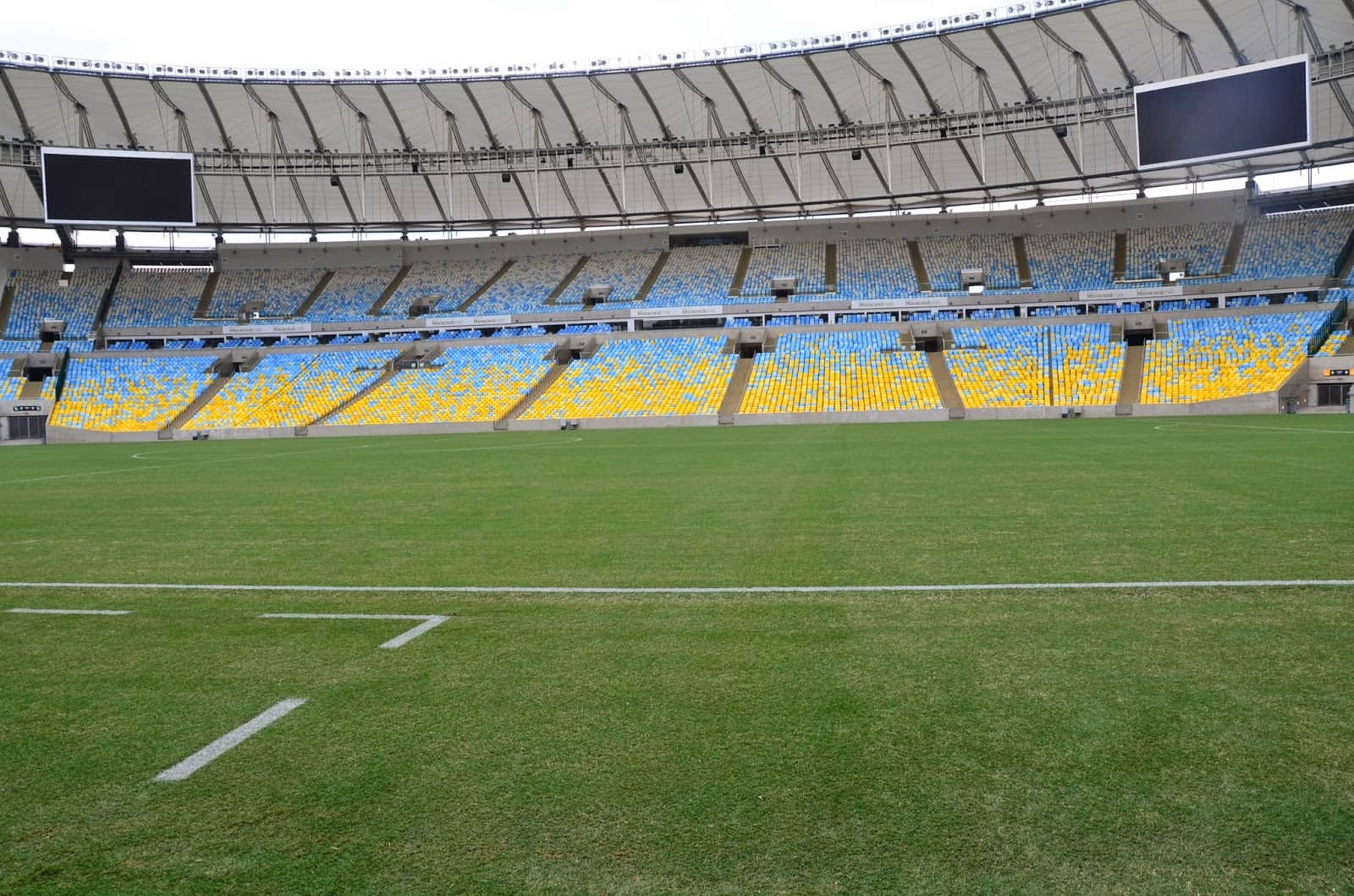 View from the visitors' bench at Estádio do Maracanã in Rio de Janeiro, Brazil