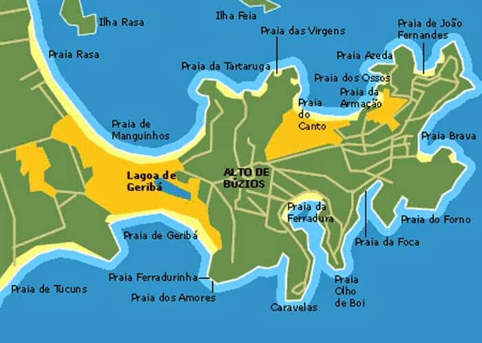Map of beaches from www.investmentsonthebeach.com in Búzios, Brazil
