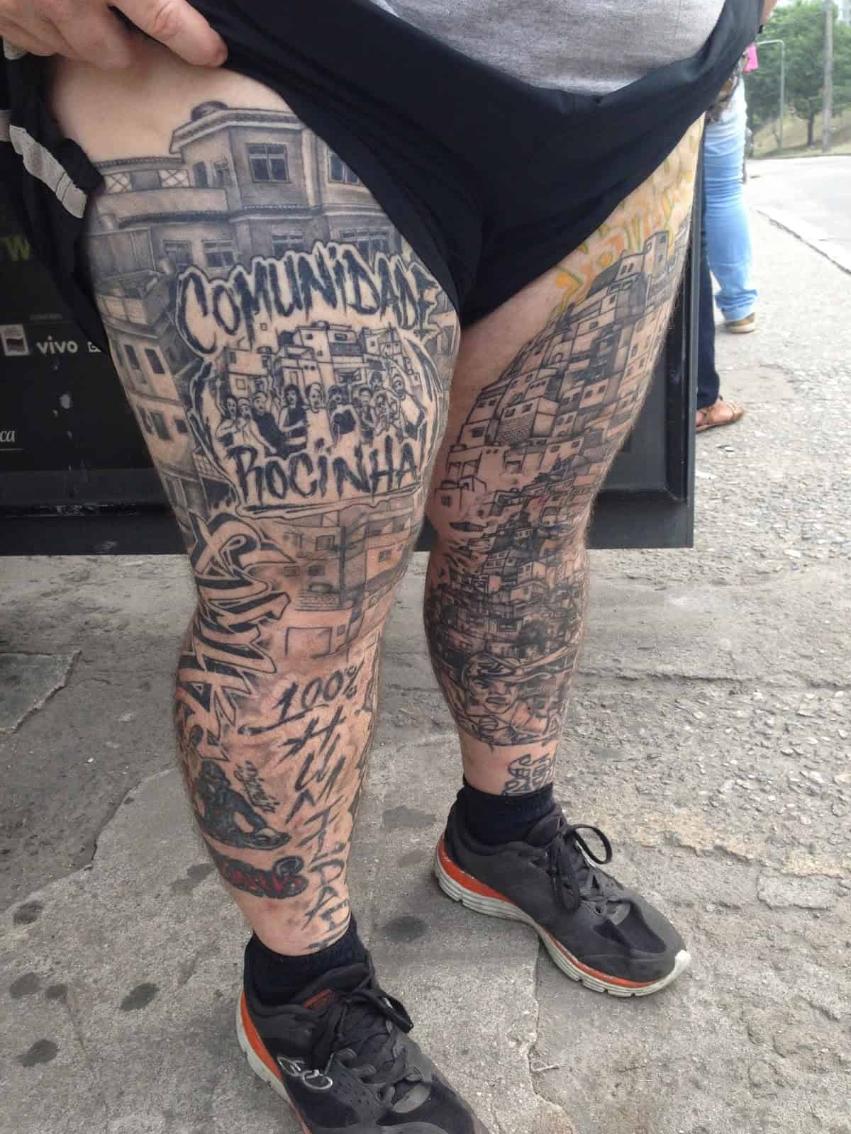 Some of Zezinho’s tattoos at Rocinha favela, Rio de Janeiro, Brazil