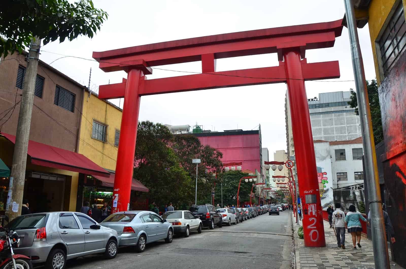 Japanese arch on Galvão Bueno Street in Liberdade in São Paulo, Brazil