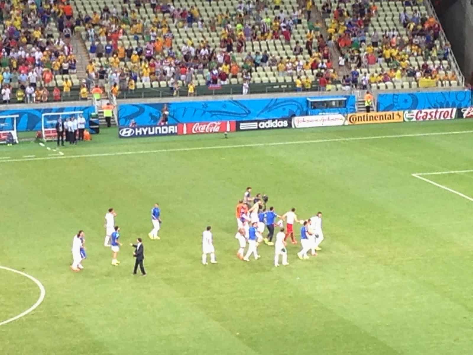 Greece celebrating their win in the 2014 World Cup at Arena Castelão in Fortaleza, Brazil