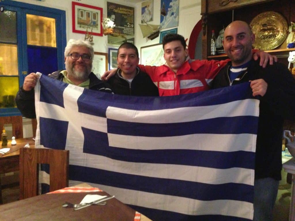 After the game – (L to R) Adriano (the owner of Opa Opa), Alvaro, Stathis, Me at Opa Opa in Santiago, Chile