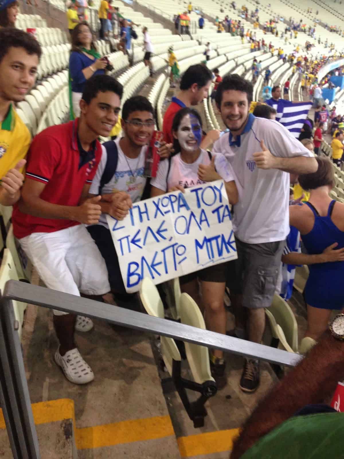 Celebrating after the game at the Greece vs Côte d'Ivoire game in the 2014 World Cup at Arena Castelão in Fortaleza, Brazil