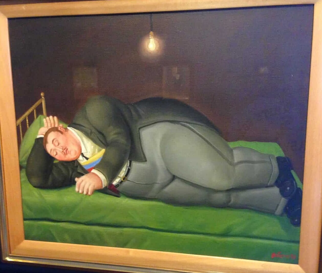 Sleeping politician painting at the Botero Museum in La Candelaria, Bogotá, Colombia