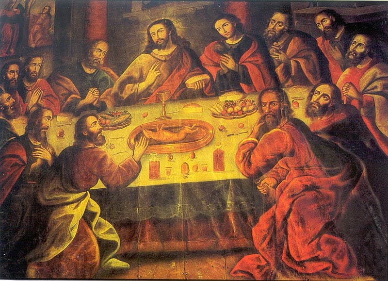 The Last Supper at Catedral del Cusco (Image from Wikipedia article on Marcos Zapata) on Plaza de Armas in Cusco, Peru