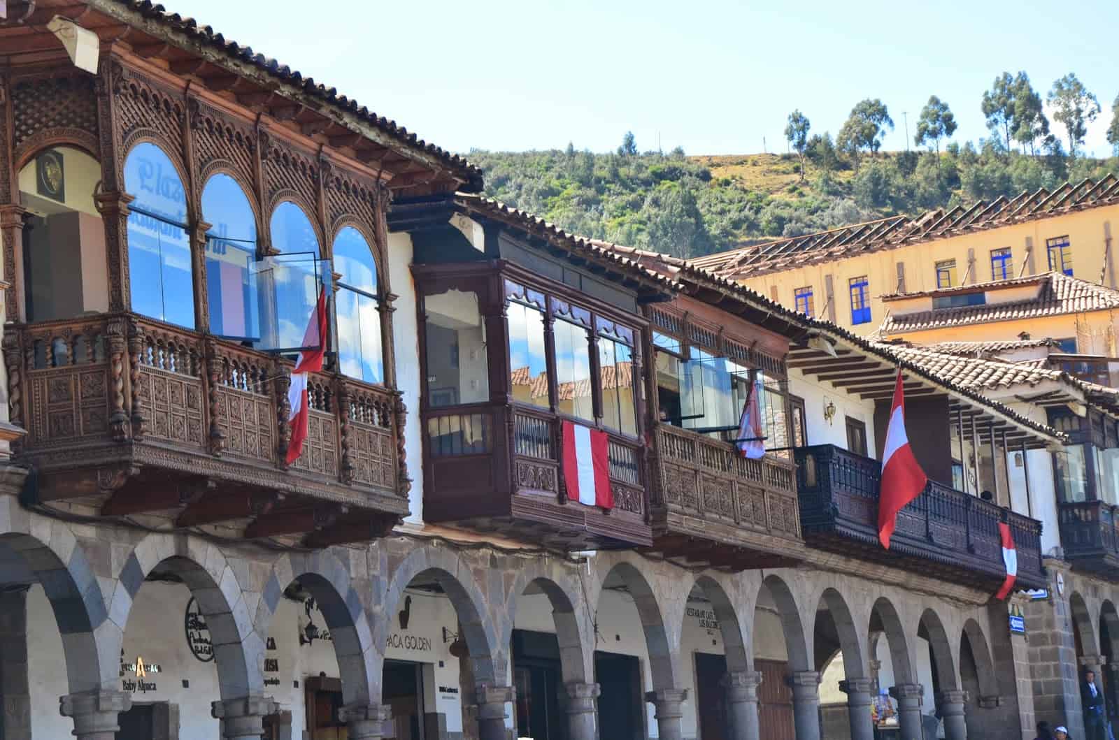Portals and balconies on Plaza de Armas in Cusco, Peru