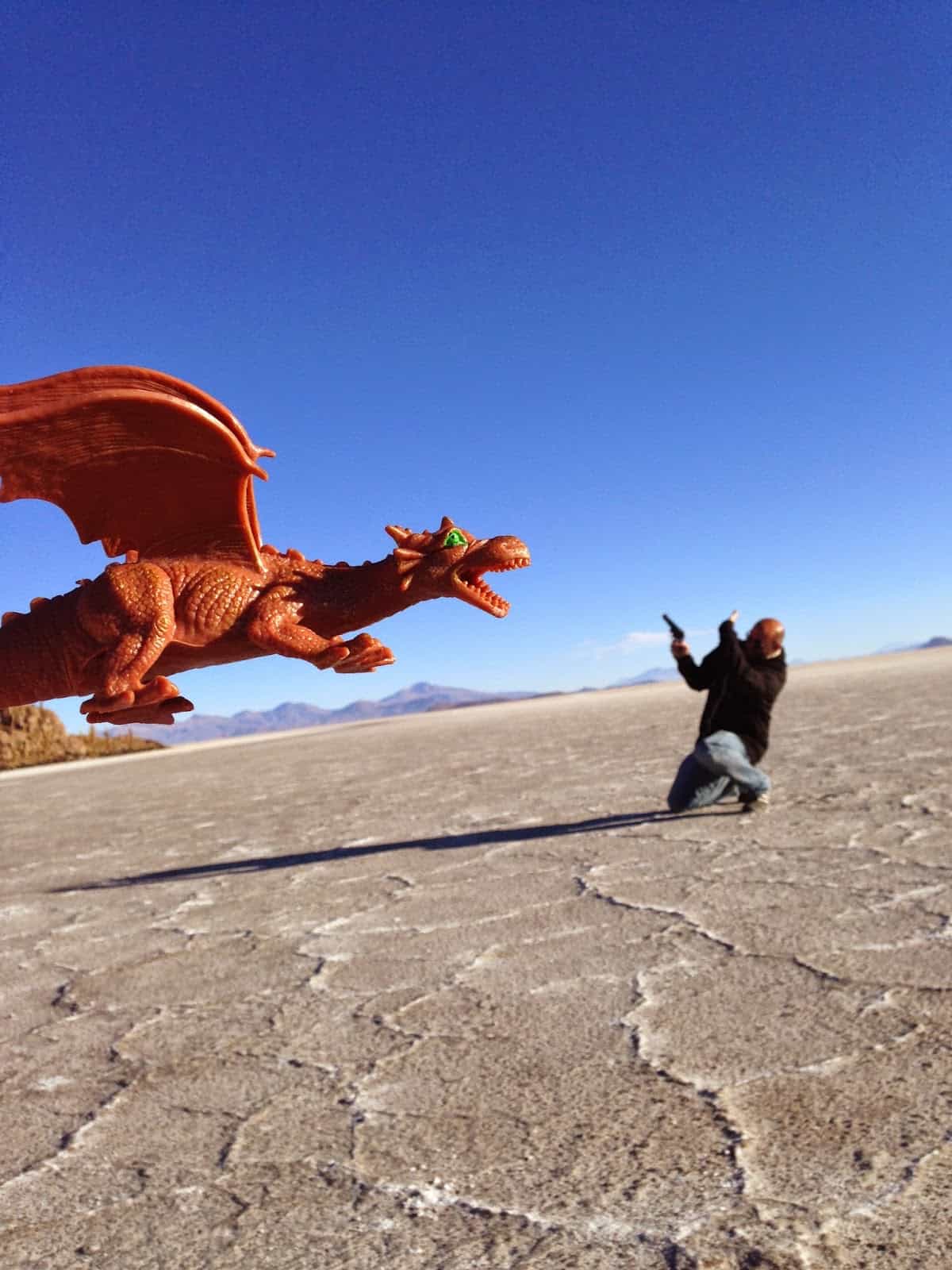 Me battling a dragon at Uyuni Salt Flat, Bolivia