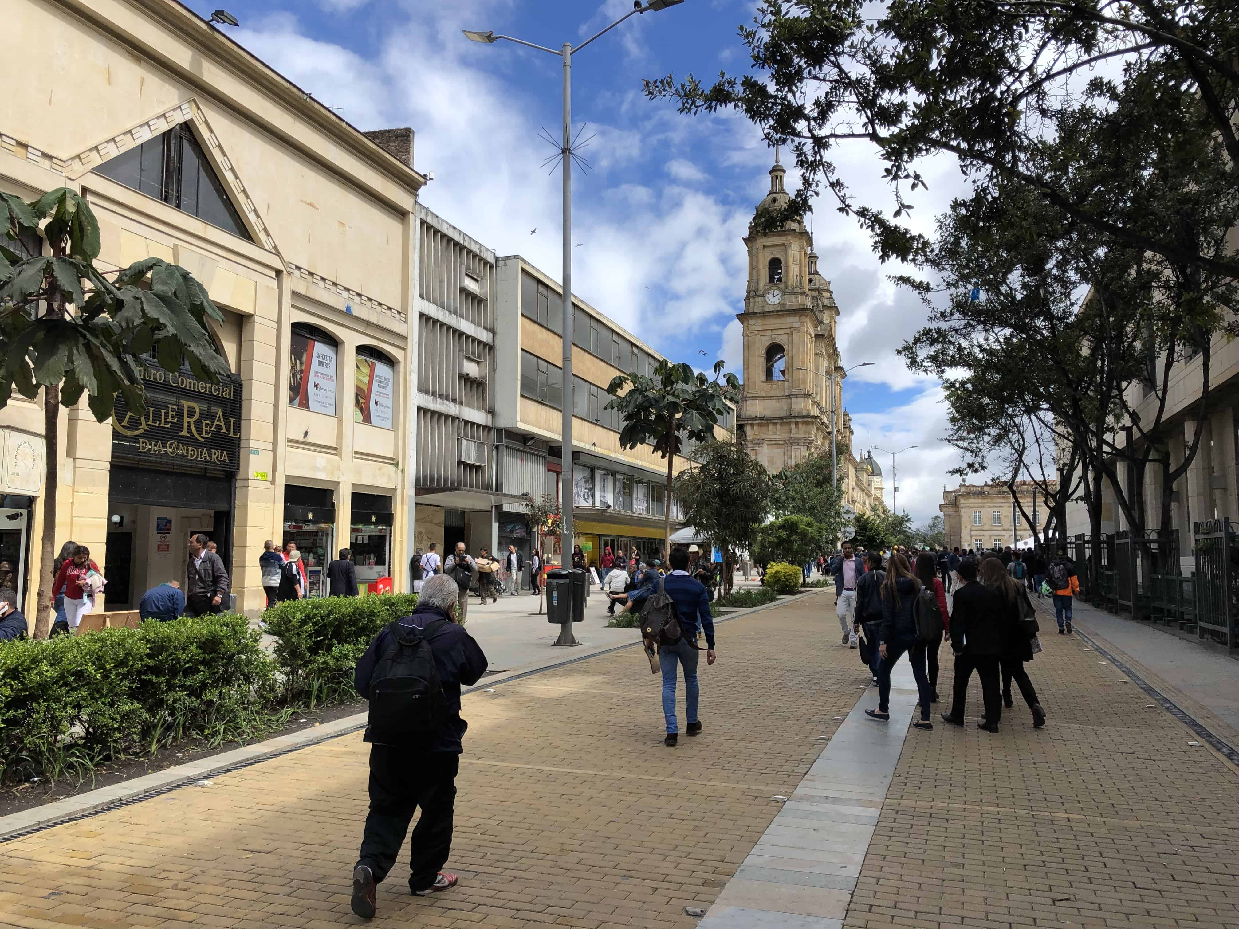 Looking towards Plaza de Bolívar on Carrera 7 in La Candelaria, Bogotá, Colombia