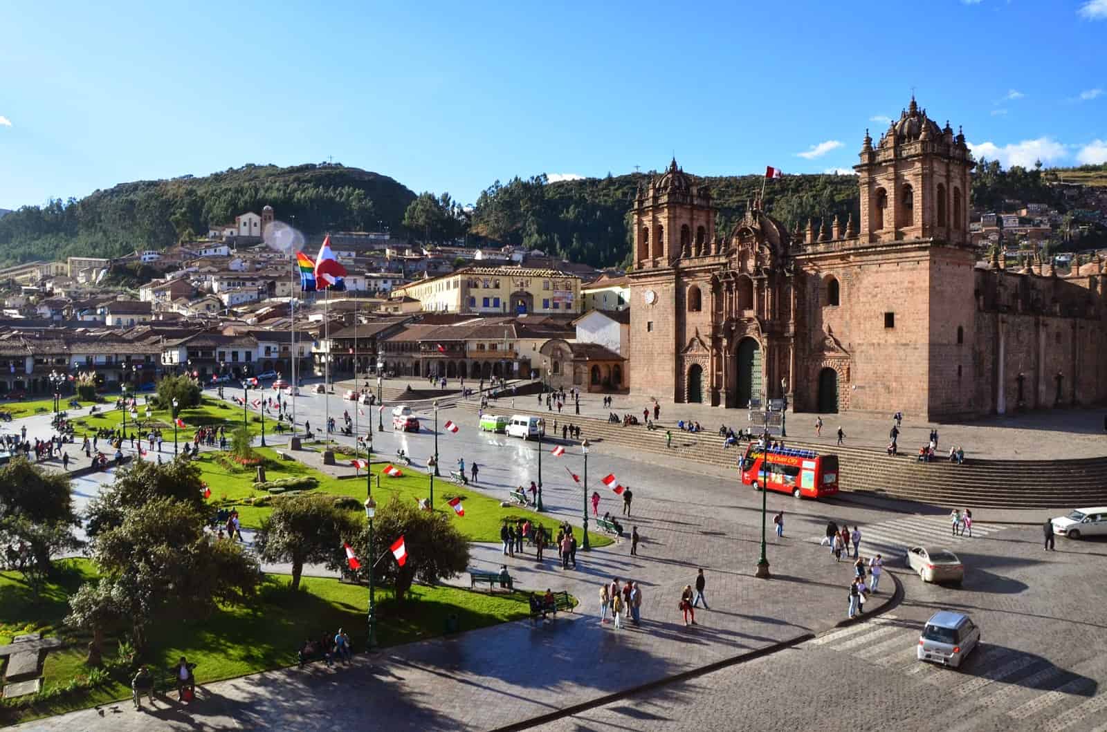 View of Plaza de Armas from Iglesia de la Compañia on Plaza de Armas in Cusco, Peru