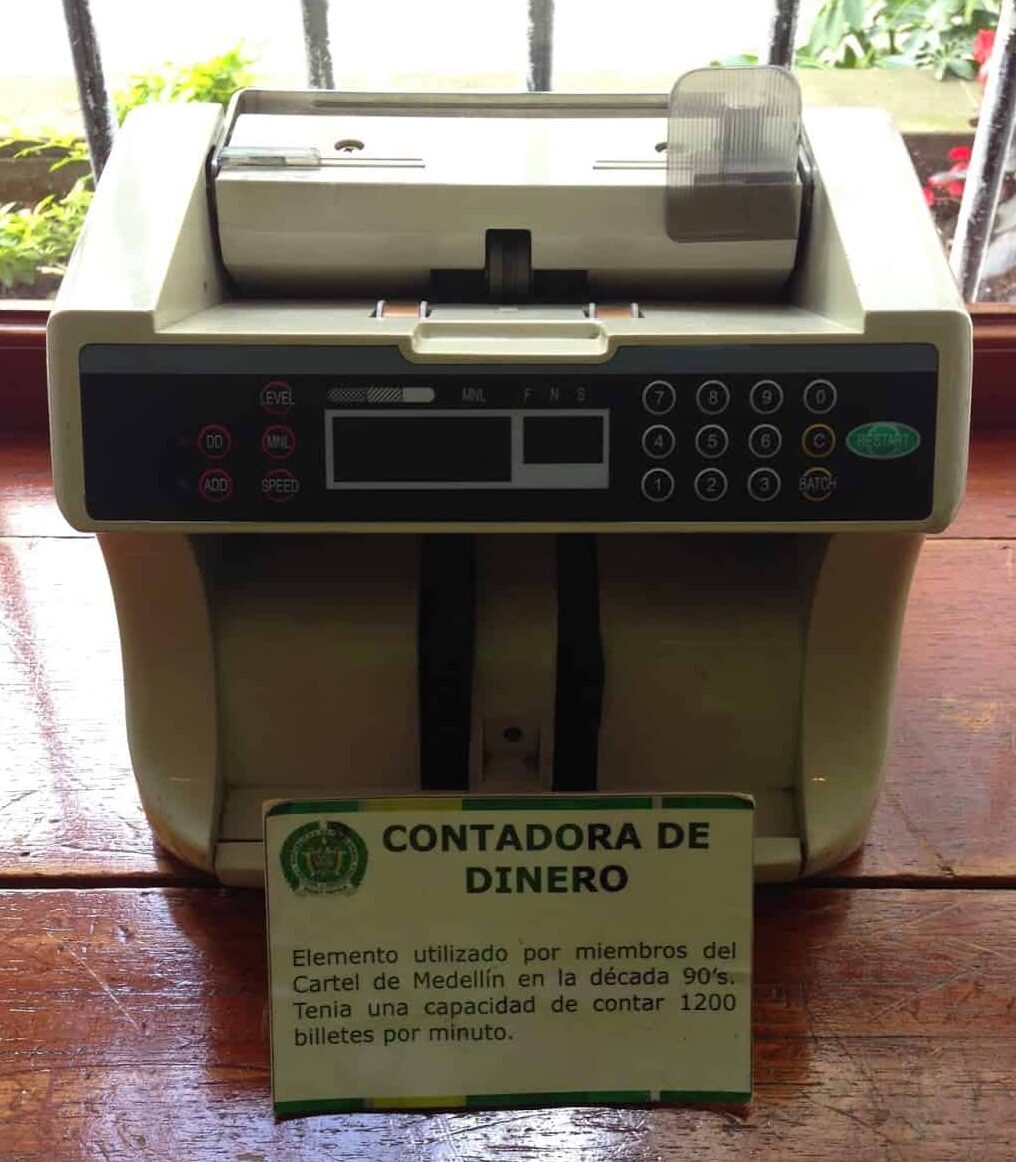 Medellín Cartel money counter at the National Police History Museum in La Candelaria, Bogotá, Colombia