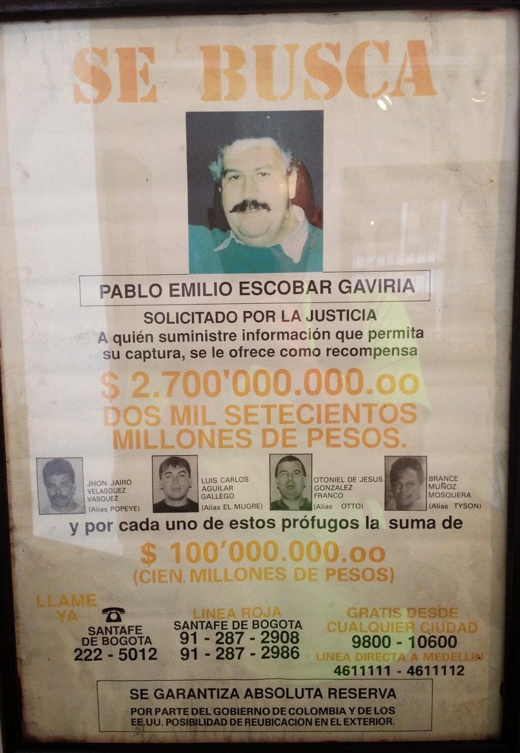 Pablo Escobar wanted poster at the National Police History Museum in La Candelaria, Bogotá, Colombia