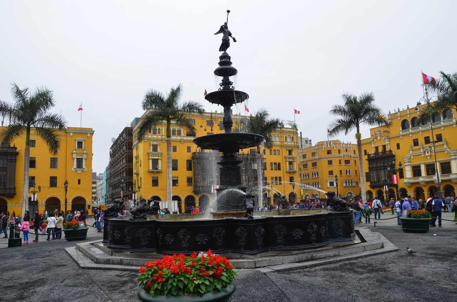 Fountain at Plaza Mayor in Lima, Peru