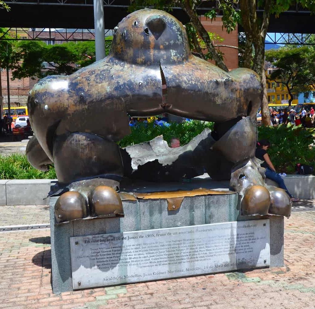 Bombed out Botero sculpture in Parque San Antonio in Medellín, Antioquia, Colombia