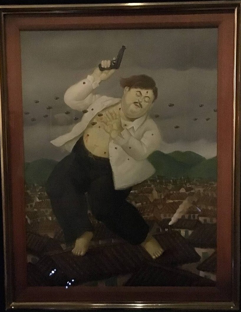 Botero's depiction of the death of Pablo Escobar at the Antioquia Museum in Medellín, Colombia
