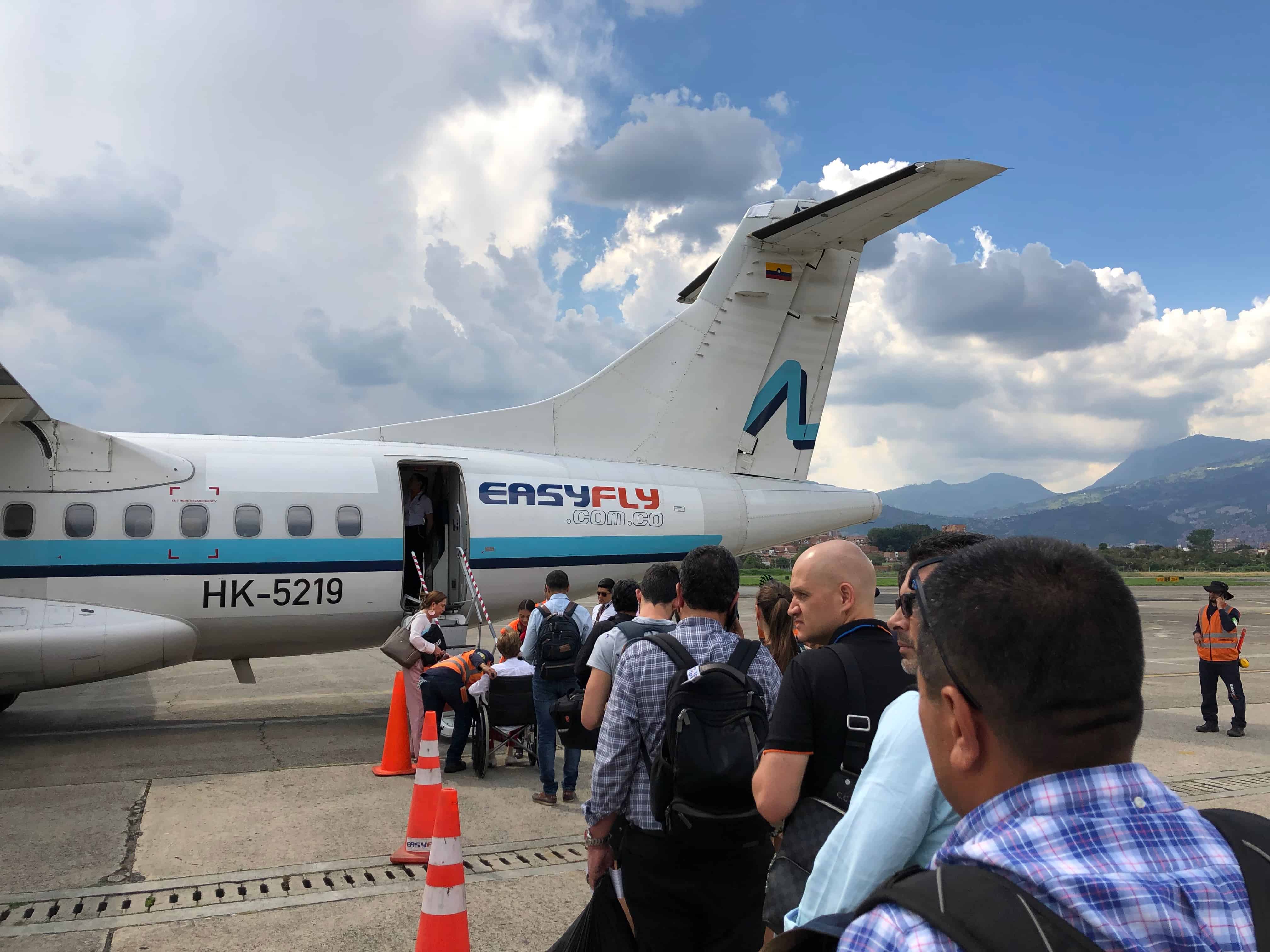 Boarding an EasyFly flight at Enrique Olaya Herrera Airport in Medellín, Antioquia, Colombia