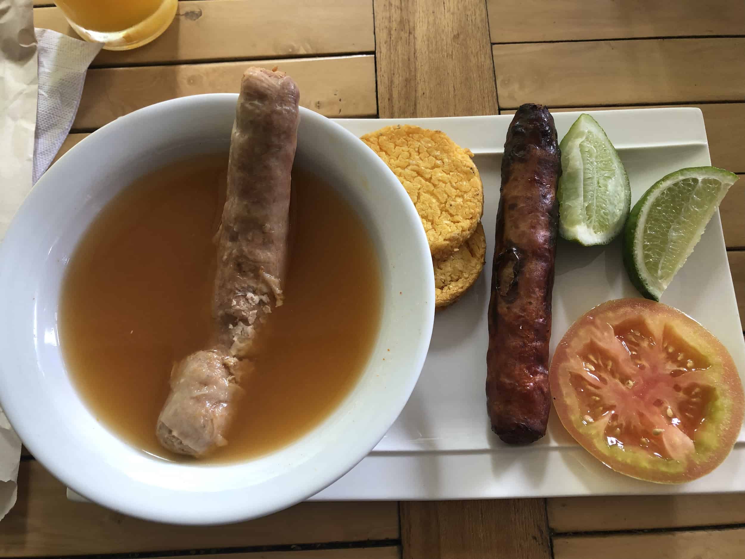 Boiled and grilled chorizo plate at Choripaco in Santa Rosa de Cabal, Risaralda, Colombia