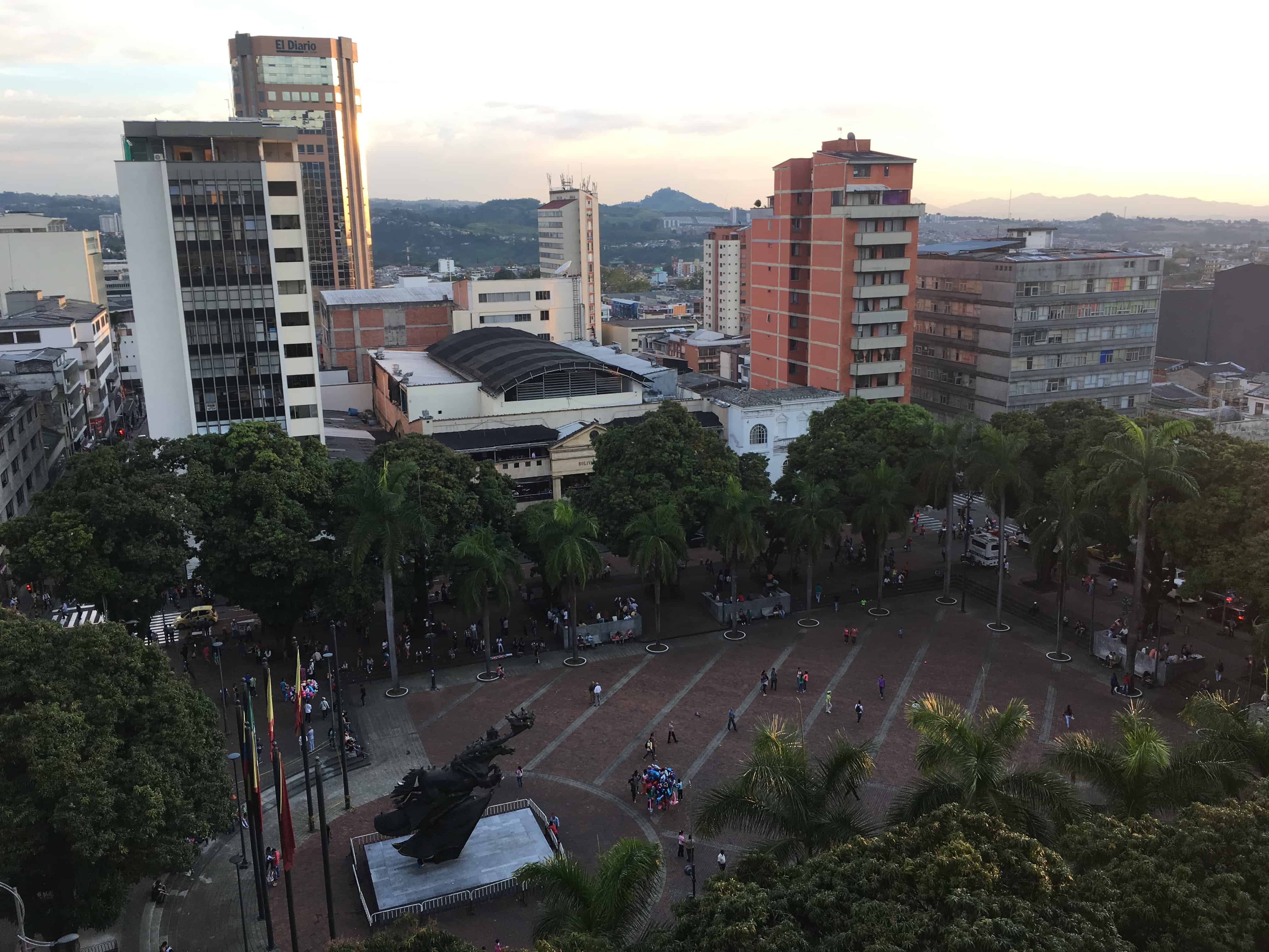 Looking down on Plaza de Bolívar from Hotel Soratama in Pereira, Risaralda, Colombia