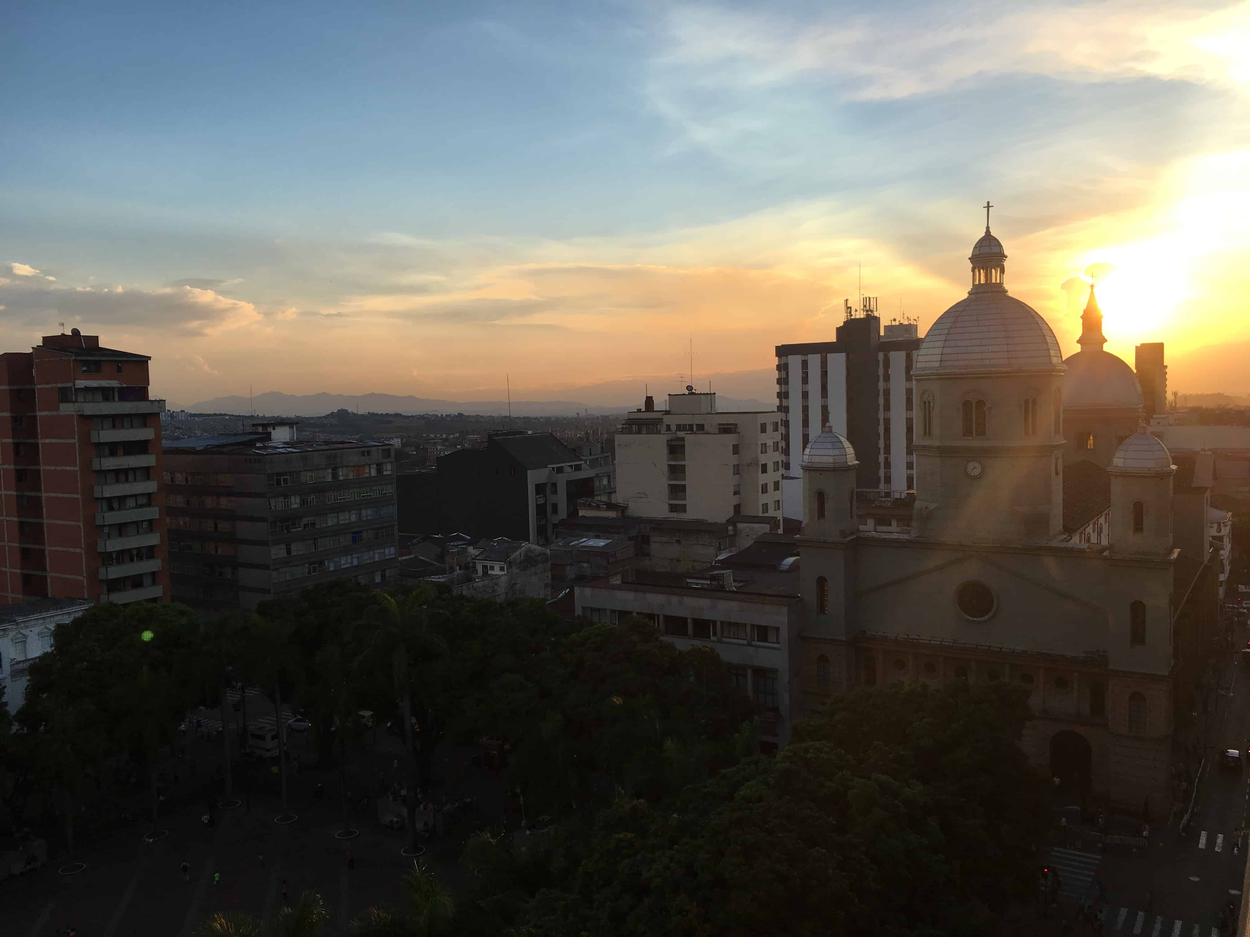 Sunset over Plaza de Bolívar in Pereira, Risaralda, Colombia