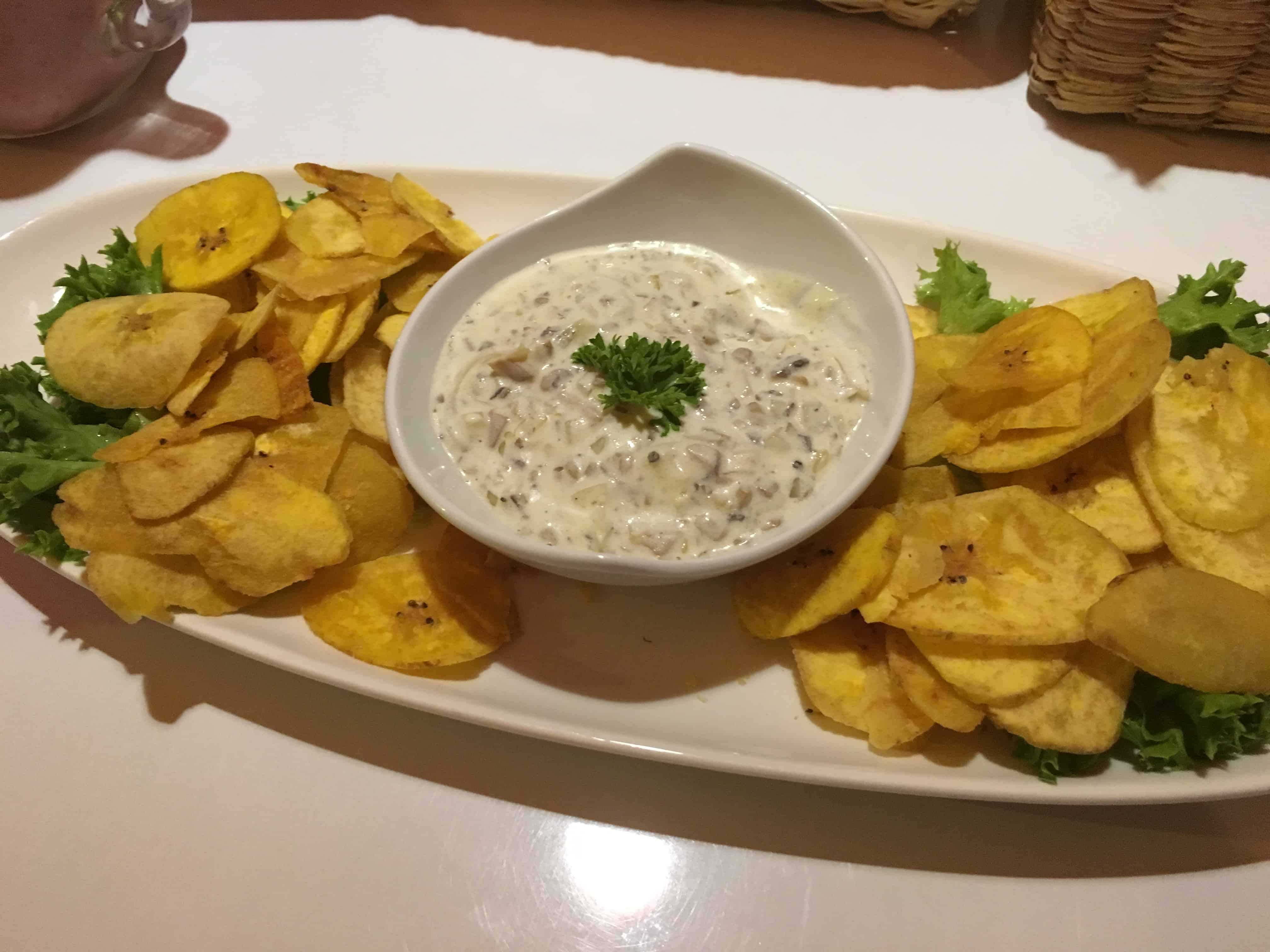 Mushroom dip with plantain chips at Santomate in Anserma, Caldas, Colombia