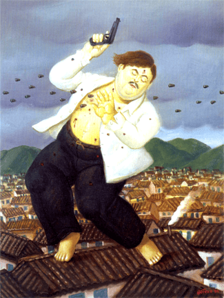 The death of Pablo Escobar, portrayed by Fernando Botero (1932-2023) (on display at Antioquia Museum in Medellín), Colombia