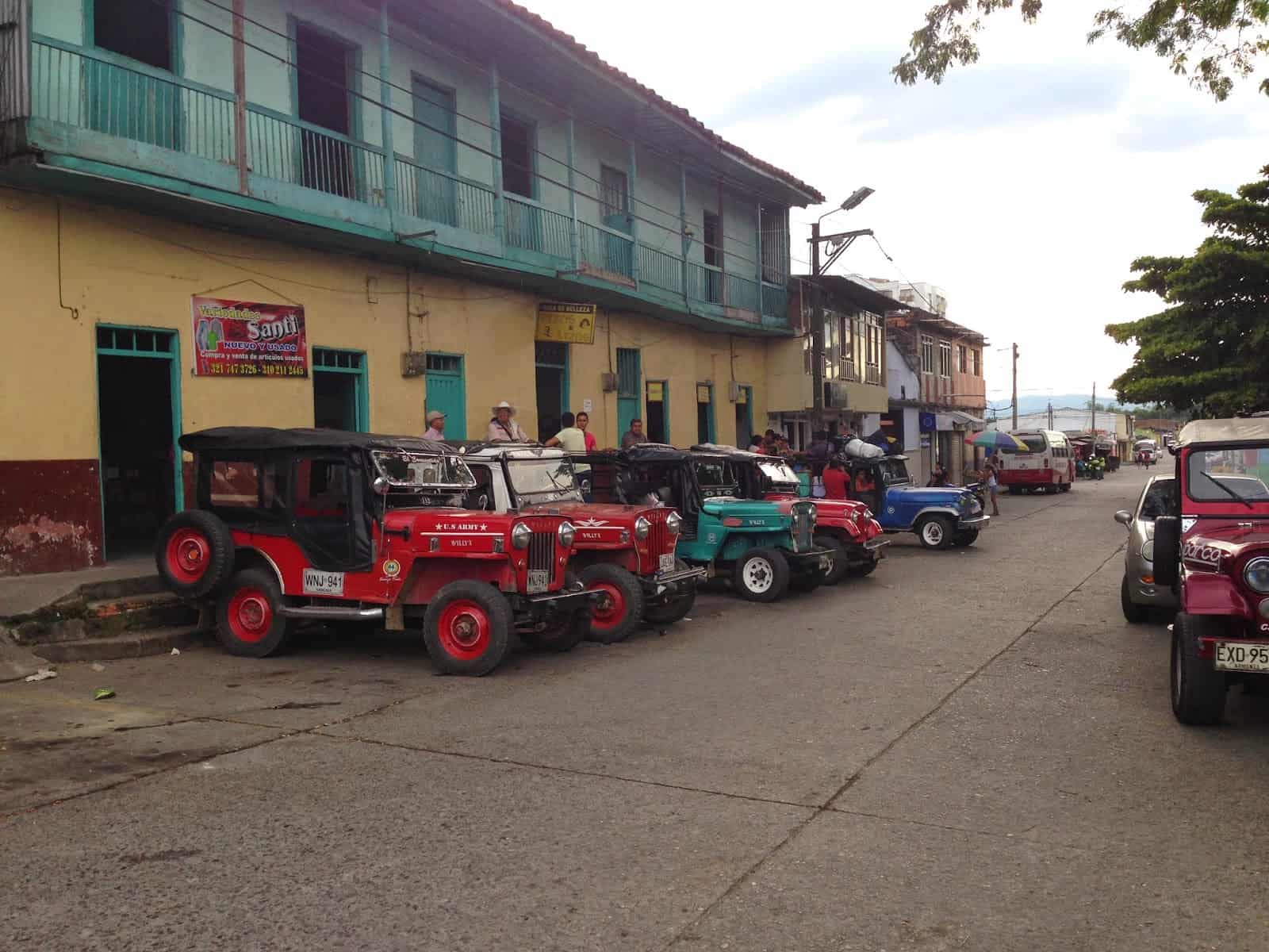 Plaza with jeeps and buses in Quimbaya, Quindío, Colombia