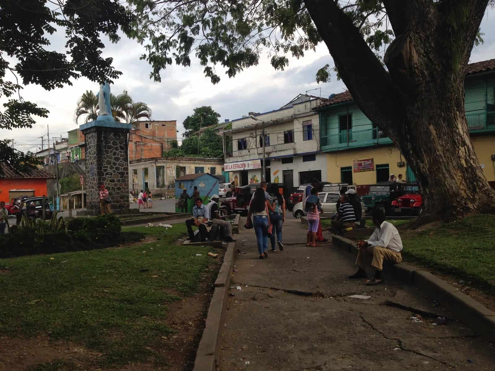 Plaza with jeeps and buses in Quimbaya, Quindío, Colombia