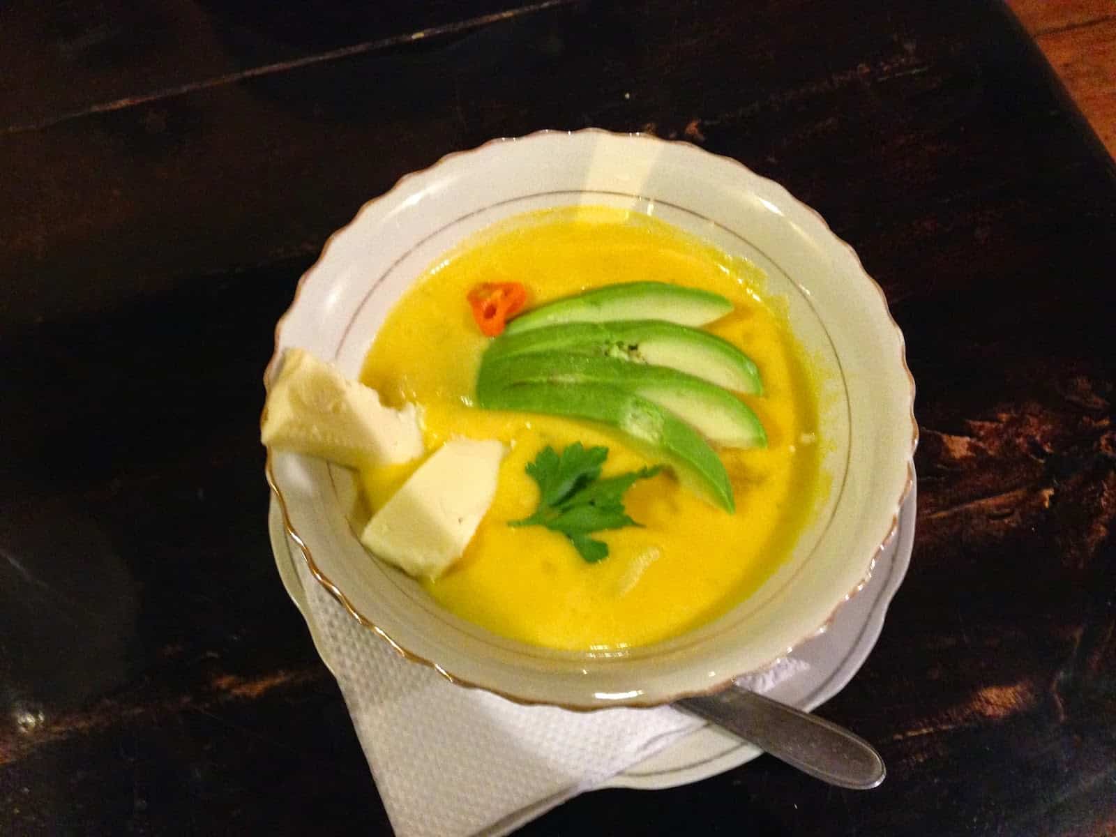 Cheese and avocado soup at La Negra Mala in Quito, Ecuador