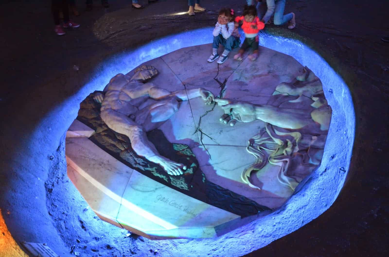 Michelangelo’s Creation of Adam carved into salt at the Salt Cathedral in Zipaquirá, Cundinamarca, Colombia