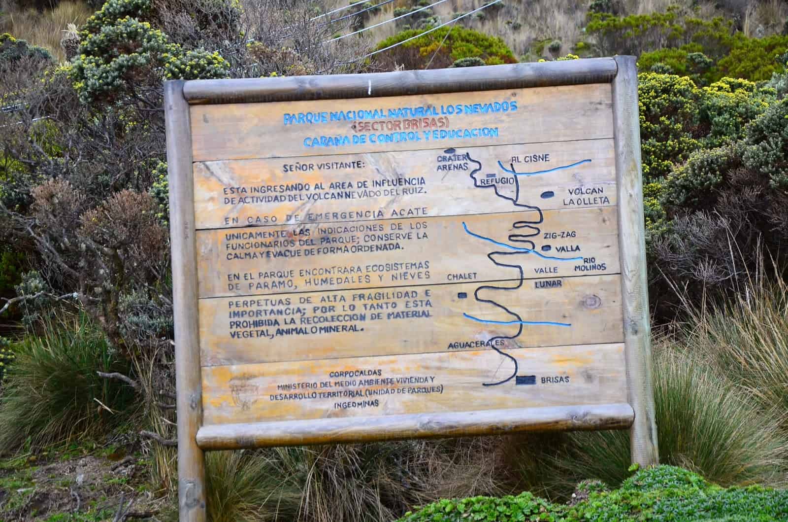 Sector Brisas sign at Los Nevados National Park in Colombia