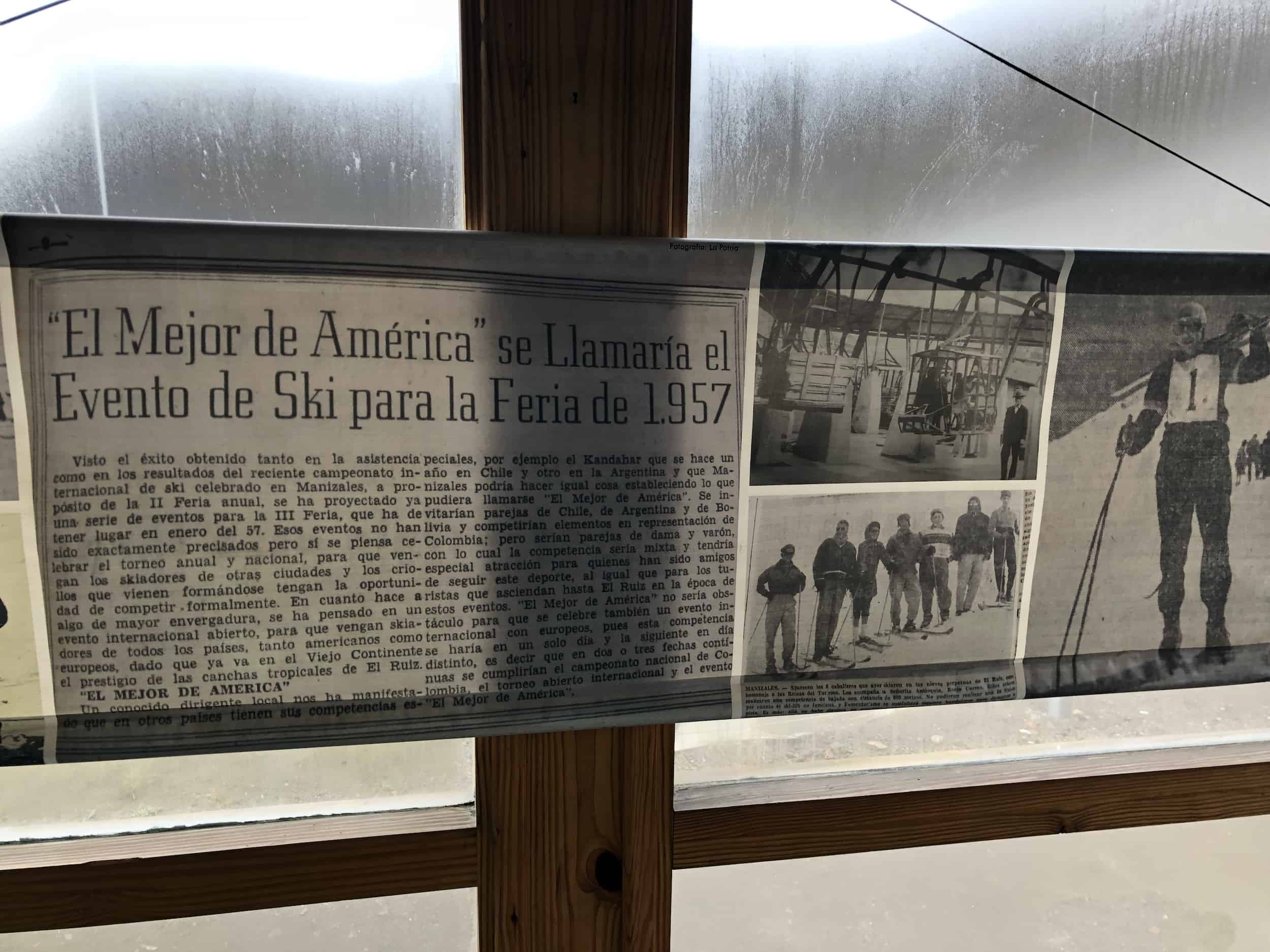 Newspaper clippings and photos of the ski resort at Nevado del Ruiz at Los Nevados National Park in Colombia