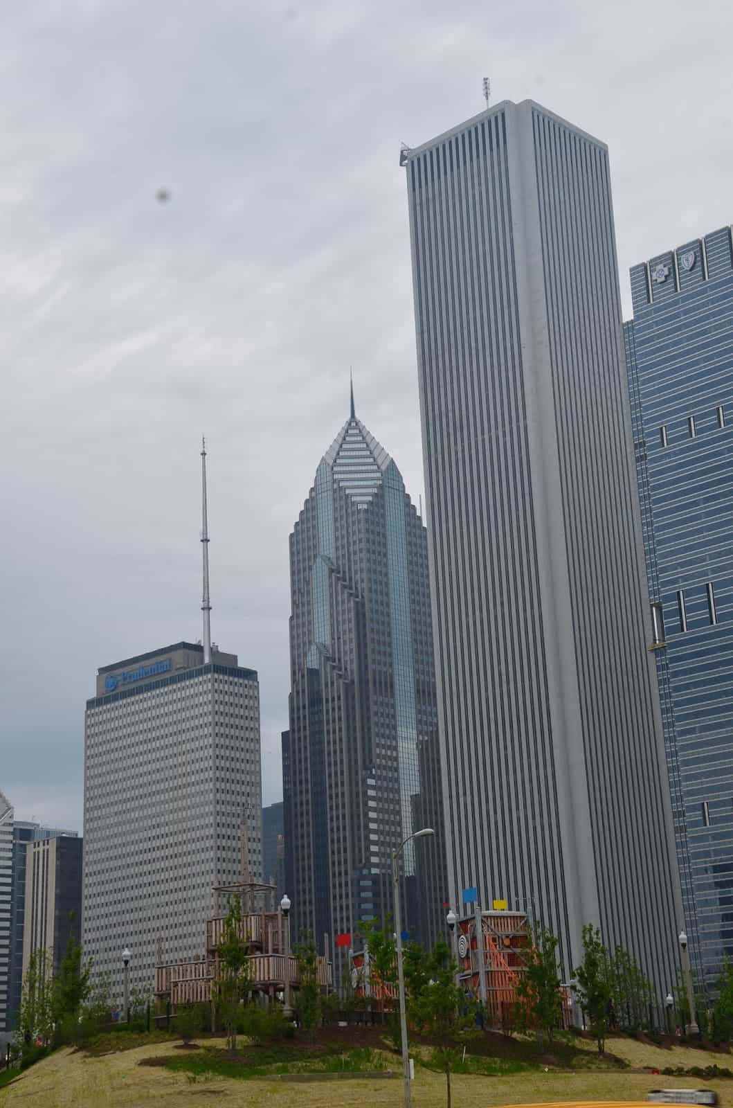 The Prudential (left), Two Prudential Plaza (center) and the Aon Center (right) in Chicago