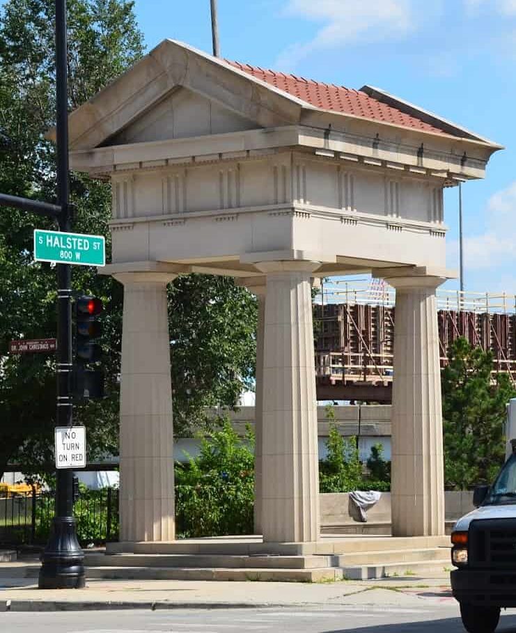 Greek columns at Van Buren and Halsted in Greektown, West Loop, Chicago
