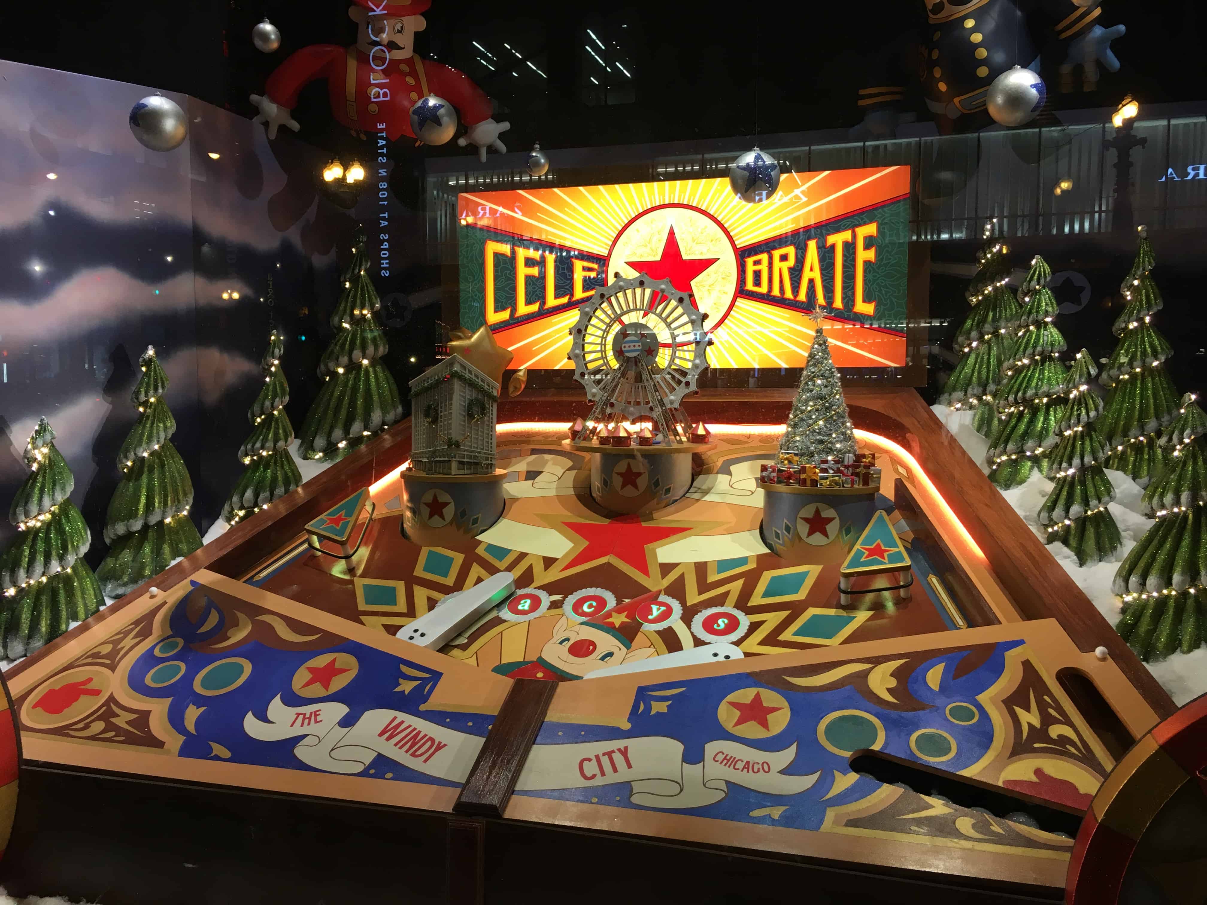 Pinball-themed holiday window display at Macy's in Chicago, Illinois
