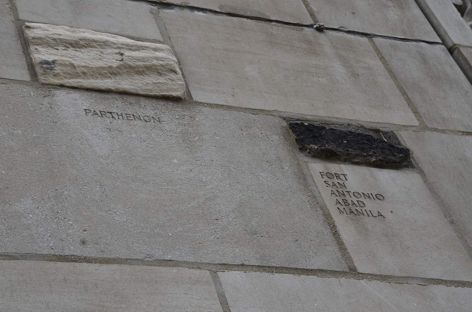 Parthenon in Athens, Greece (left) and Fort San Antonio Abad in Manila, Philippines (right) on the Tribune Tower in Chicago