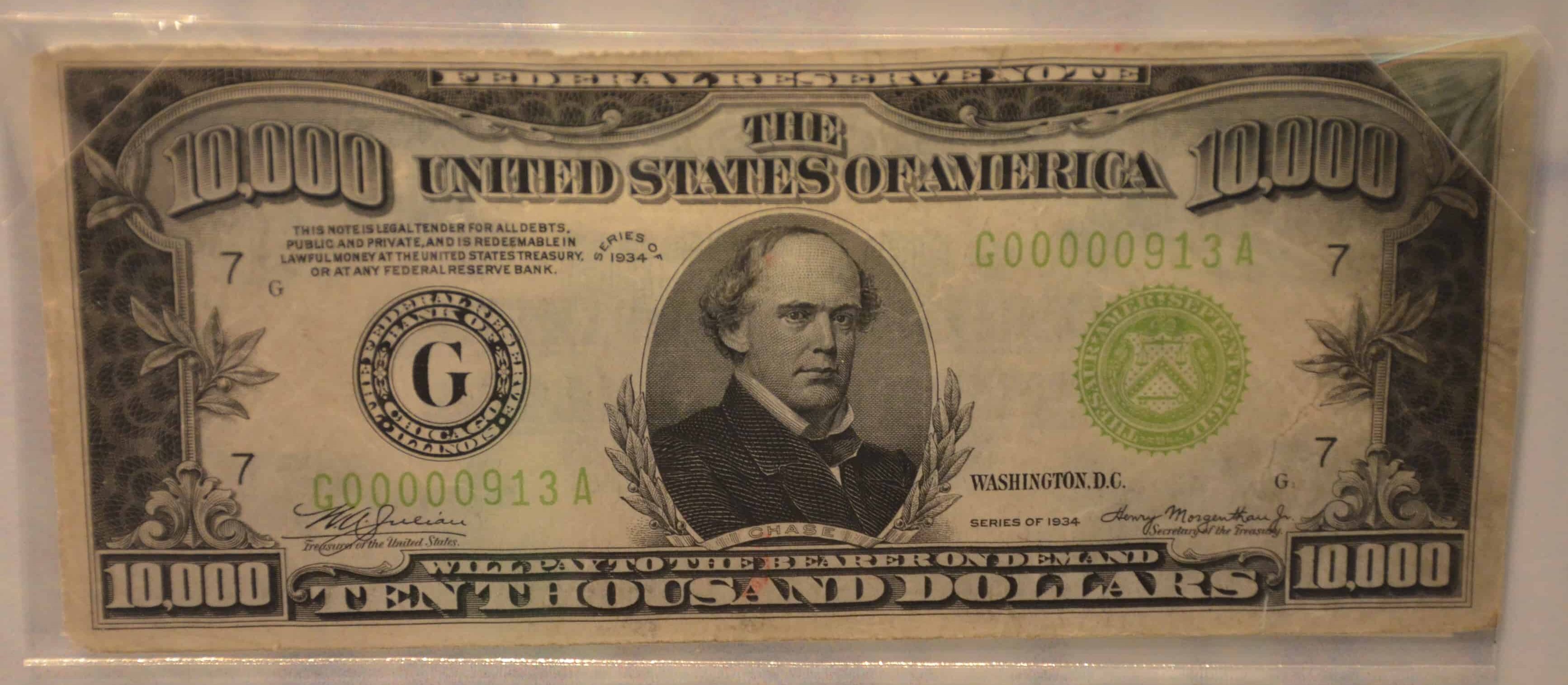 $10,000 bill at the Money Museum at the Federal Reserve Bank of Chicago in Chicago, Illinois