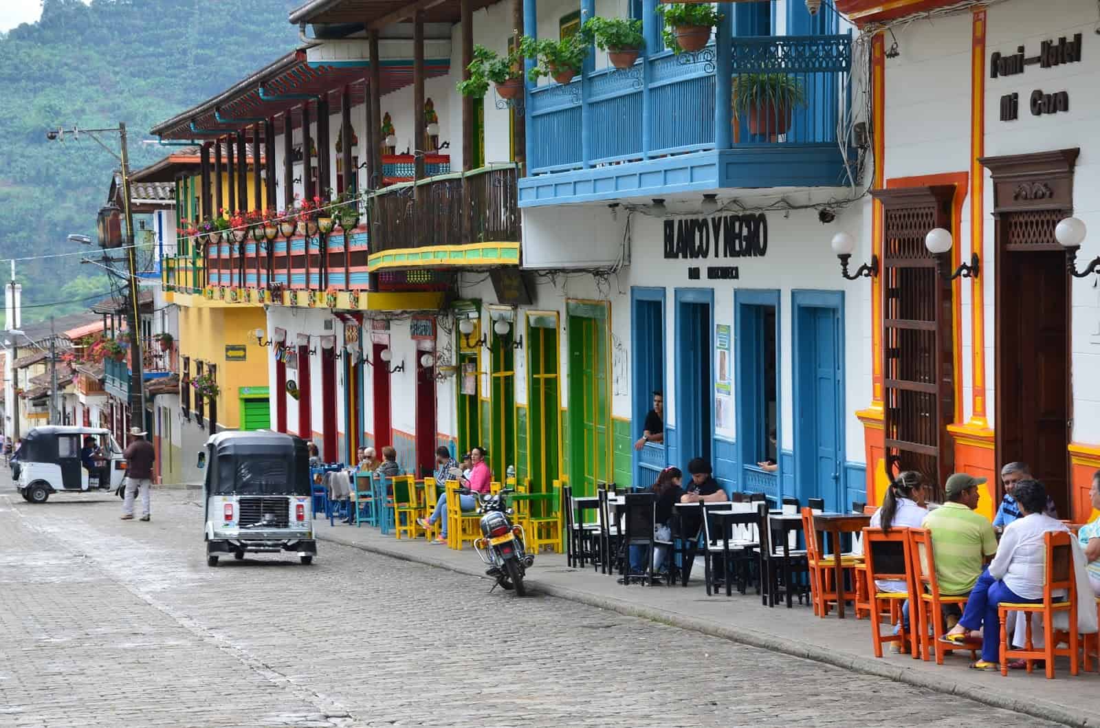 Buildings along the plaza in Jardín, Antioquia, Colombia