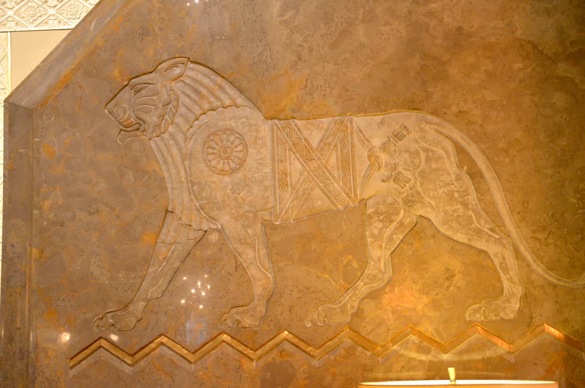 Relief of a lion at King Arthur Court at the Hotel InterContinental in Chicago, Illinois