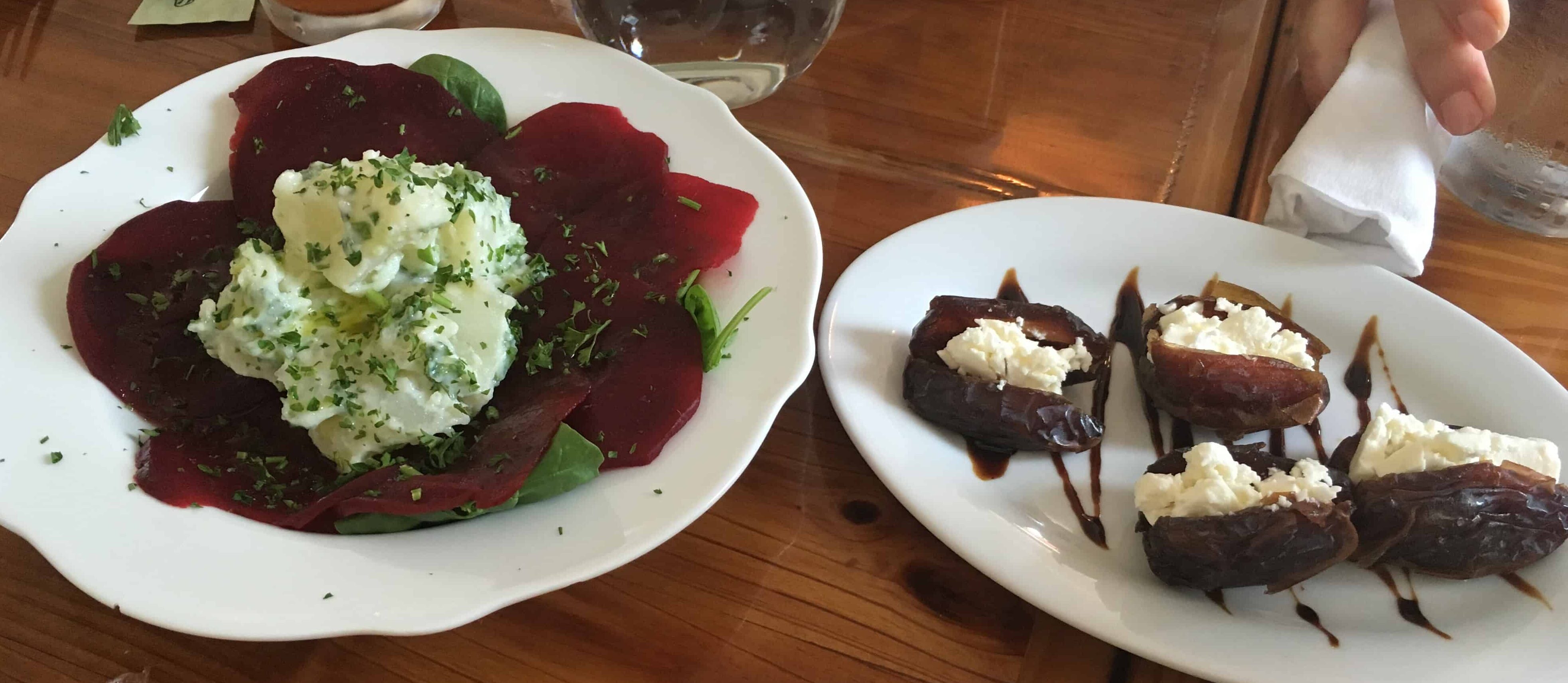 Beets with potatoes and dates stuffed with feta cheese at Meditrina in Valparaiso, Indiana