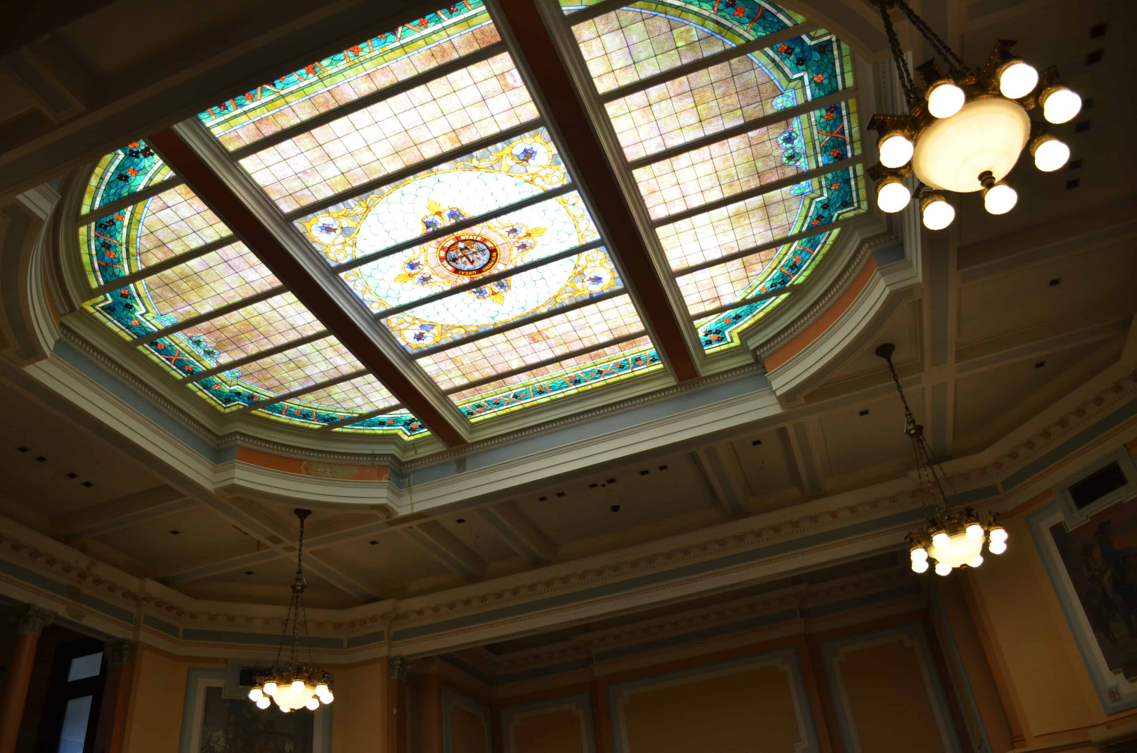 Stained glass ceiling in the House Chamber at the Wyoming State Capitol in Cheyenne
