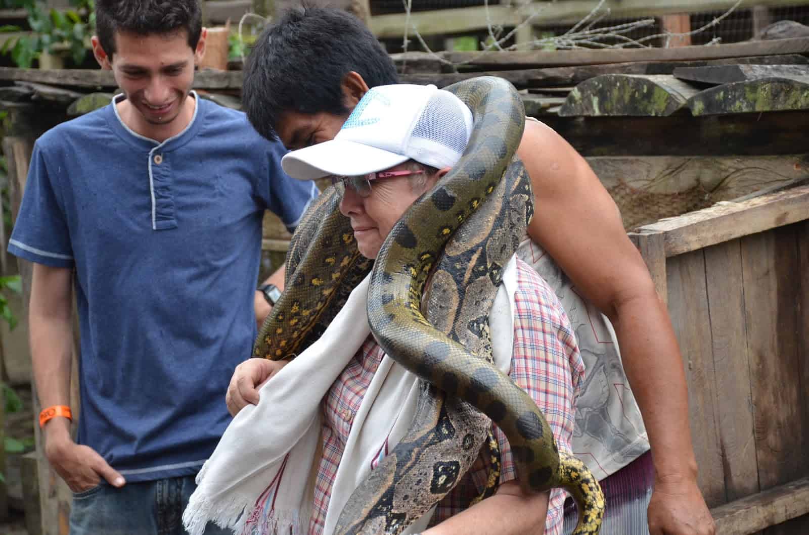 A tourist holding both an anaconda and boa constrictor