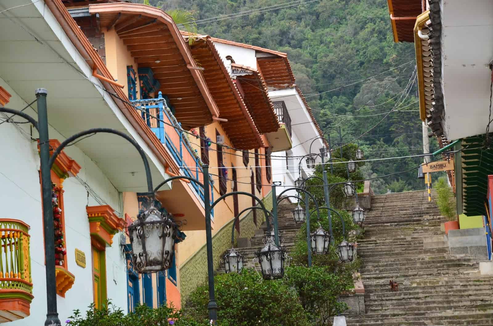 Looking up a stairway in Jericó, Antioquia, Colombia