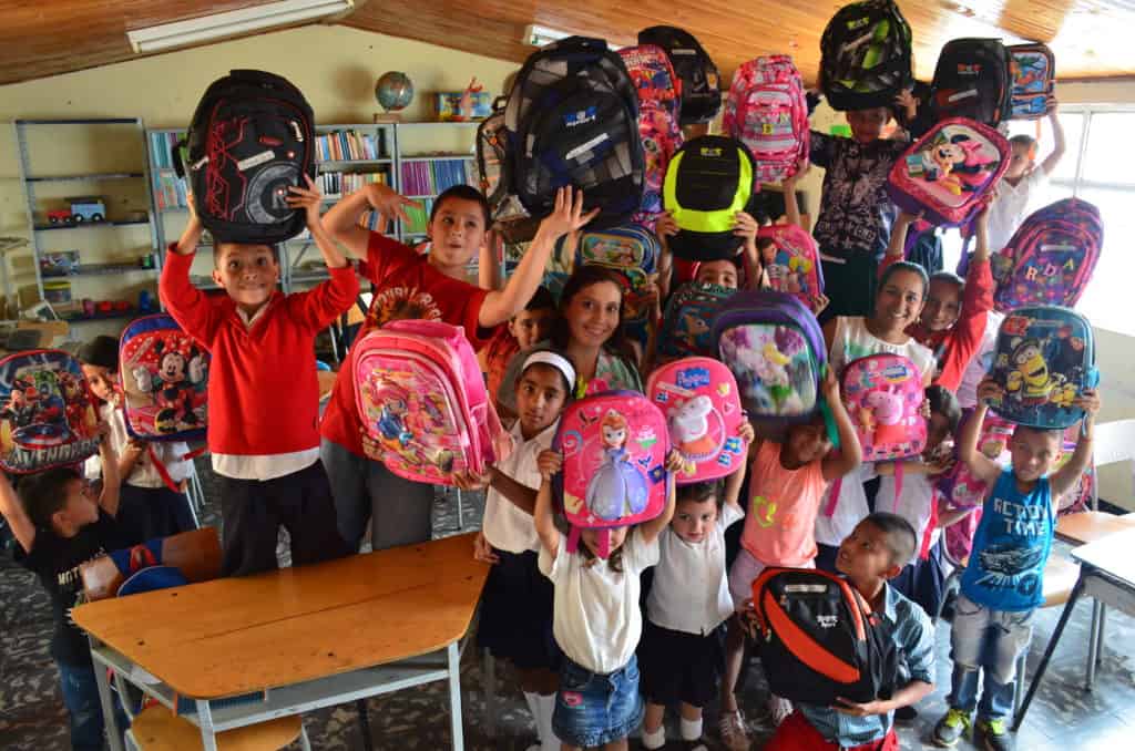 Handing out the packages to the students in Belén de Umbría, Risaralda, Colombia