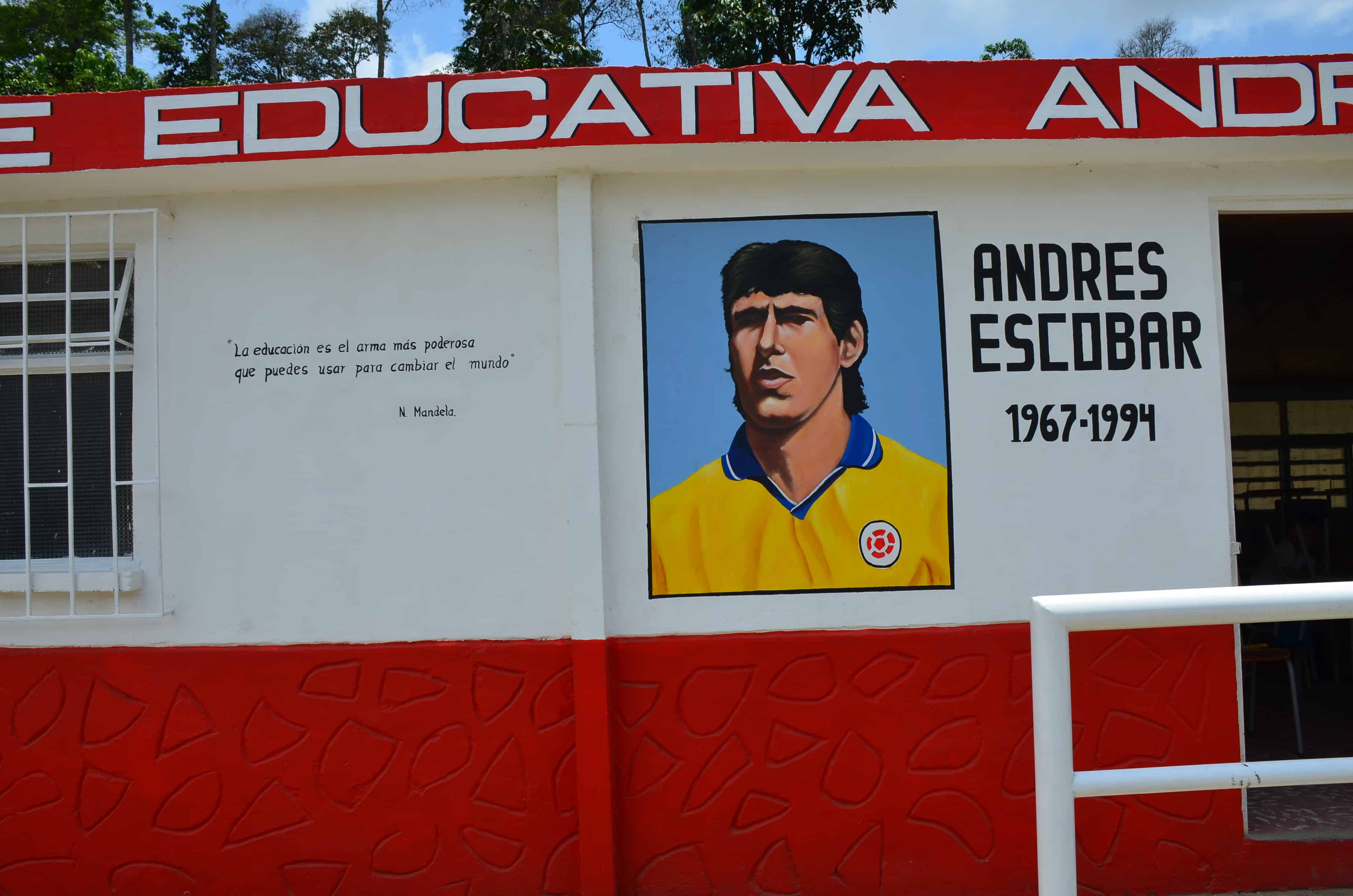 Andrés Escobar portrait and Nelson Mandela quote at Andrés Escobar School in Belén de Umbría, Risaralda, Colombia