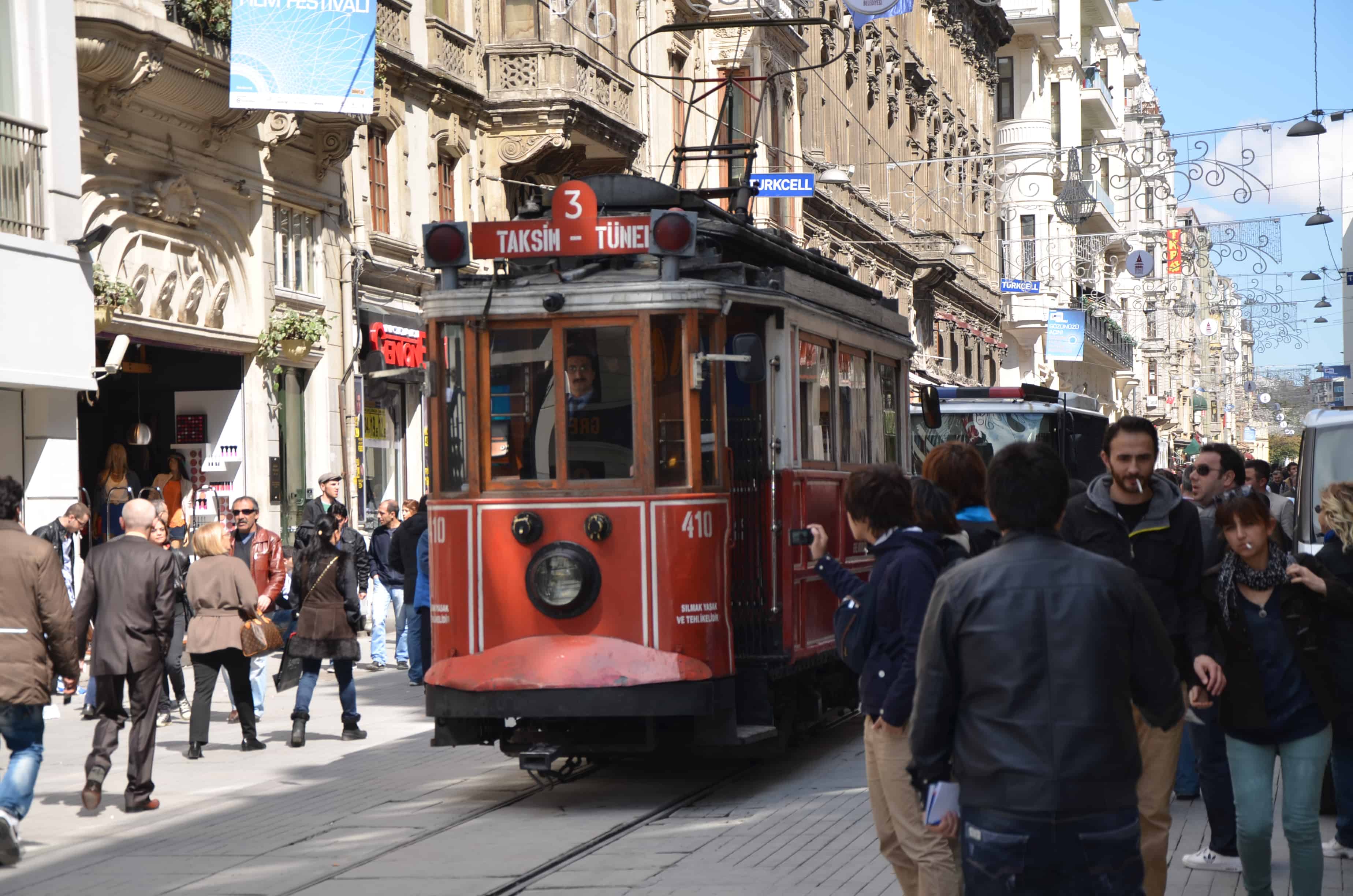 Nostalgic tram on Istiklal Street in Istanbul, Turkey