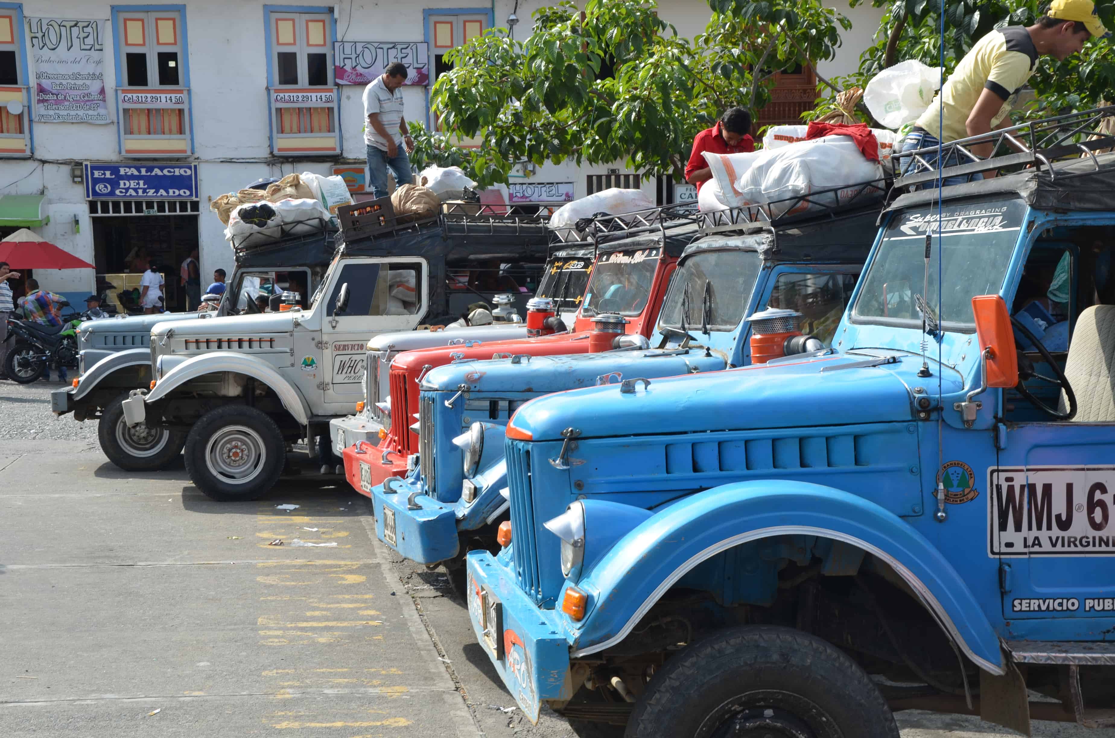 Jeeps lined up in the plaza of Belén de Umbría, Risaralda, Colombia
