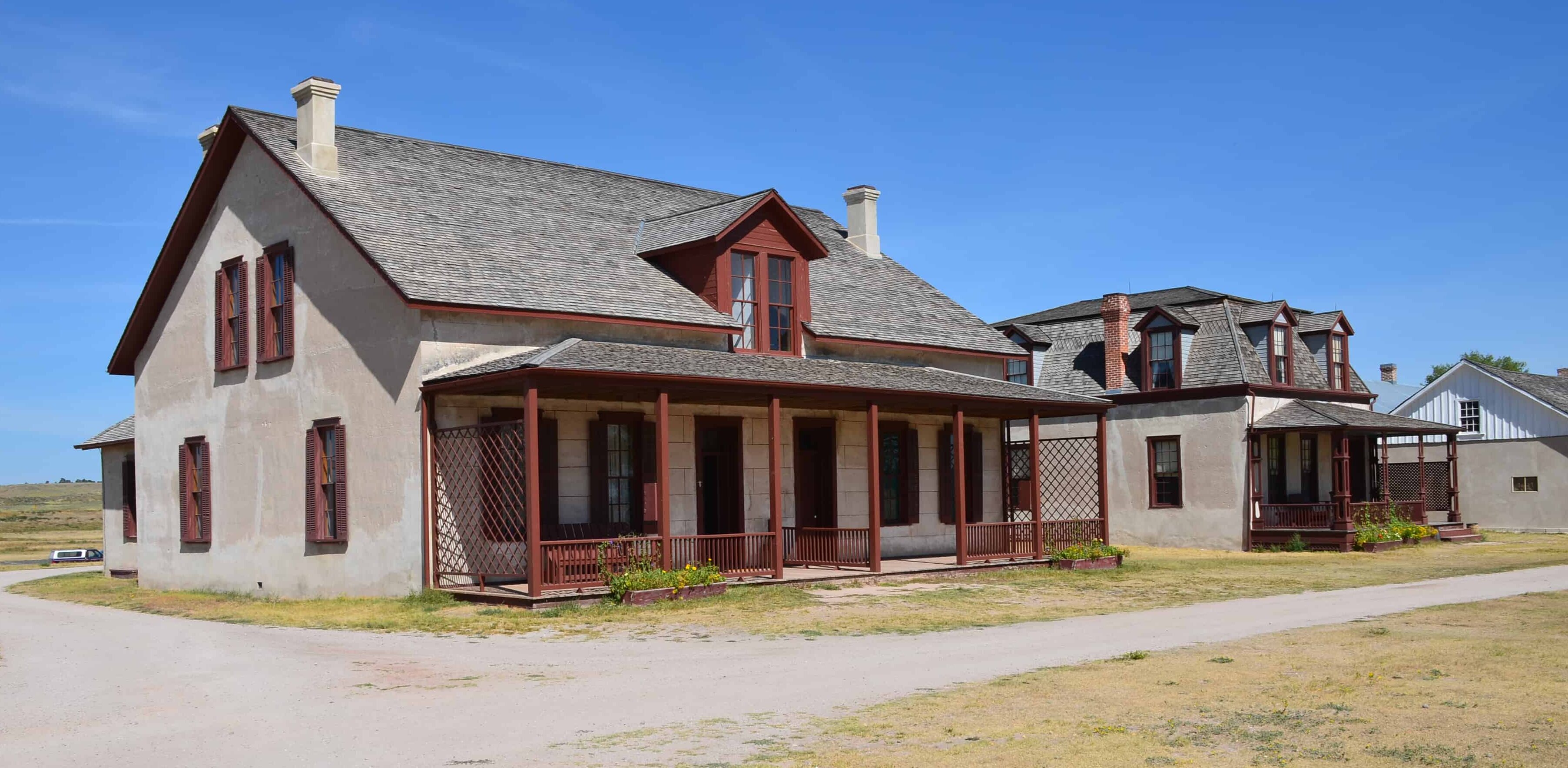 Post surgeon's quarters (left) and lieutenant colonel's quarters (right) at Fort Laramie National Historic Site in Wyoming