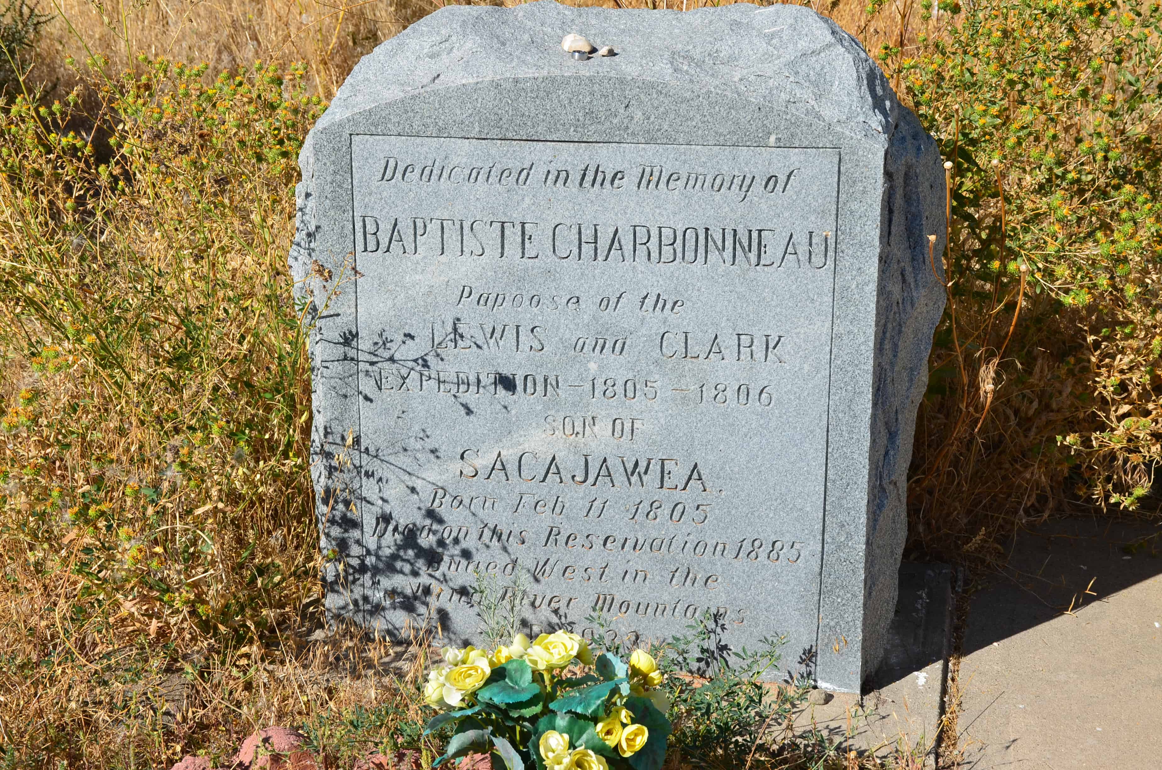 Monument to Jean-Baptiste Charbonneau at the Sacajawea gravesite in Fort Washakie, Wyoming