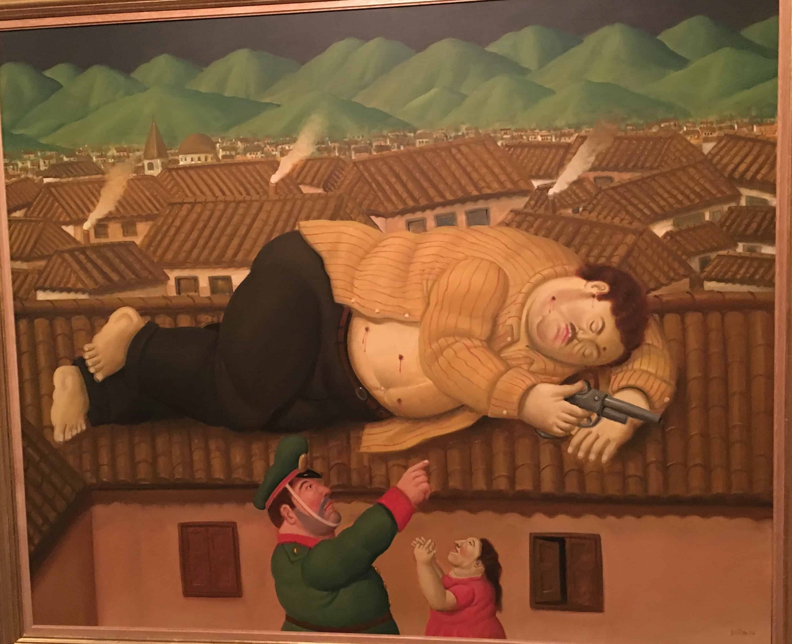 Botero's depiction of the death of Pablo Escobar at the Antioquia Museum in Medellín, Colombia